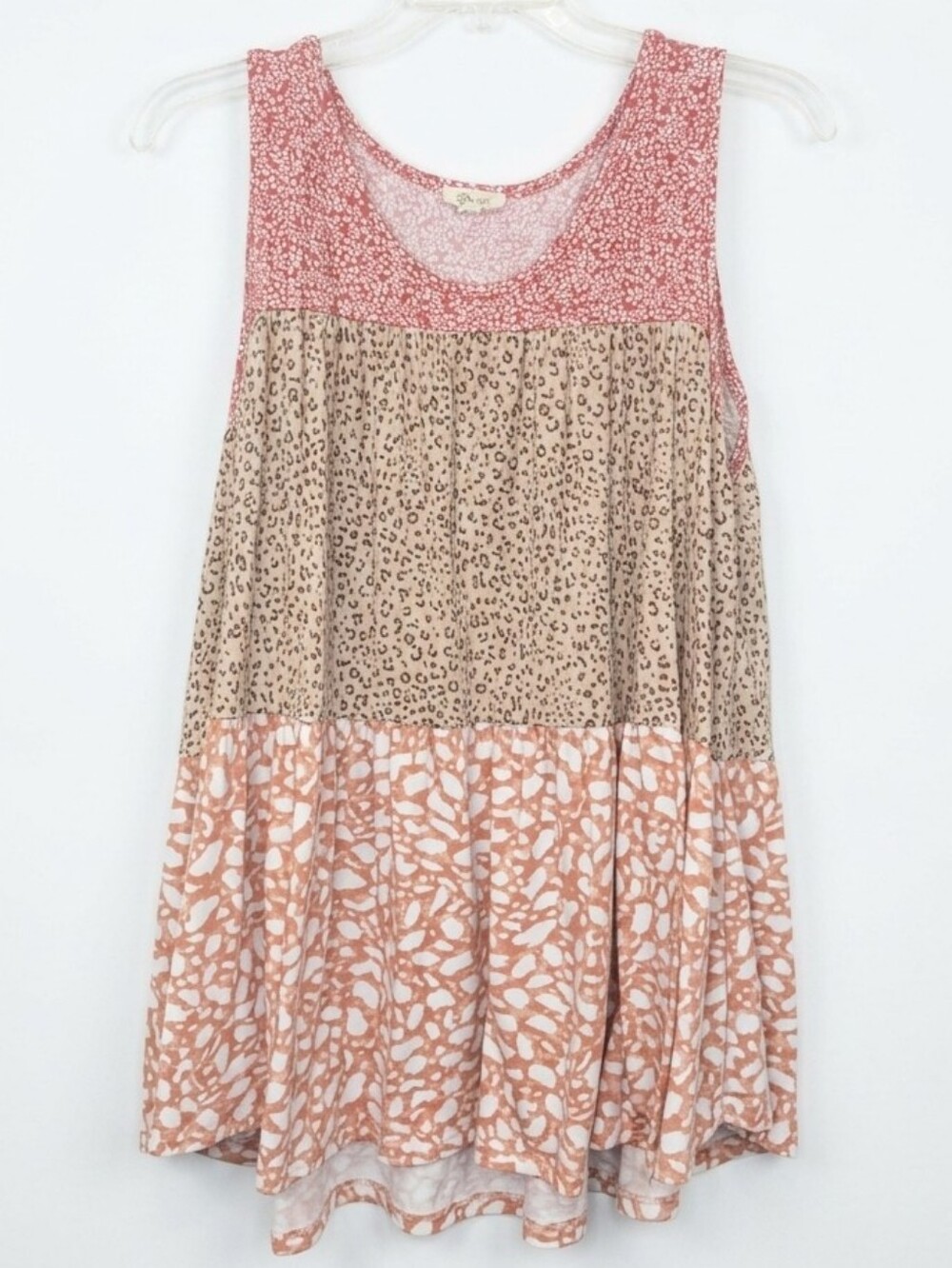 Be Stage Animal & Floral Tiered Babydoll Tank Top Dusty Rose & Beige Sz L NWOT
